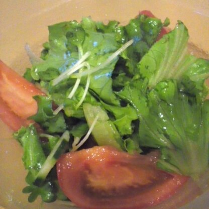 グリーンレタス、貝割れ菜、トマト、胡瓜で！シンプルで美味しい♪野菜がいくらでも食べれそうです。明日も作ろう。